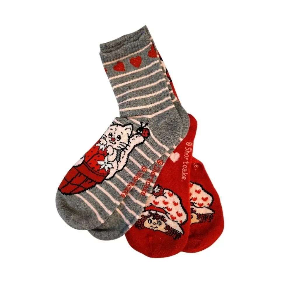 Strawberry Shortcake 2 Pairs‎ Red & Gray Printed Crew Socks NWT
